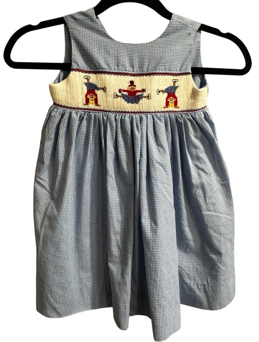 Girls Smocked Cheerleader embroidered dress gingham blue white 18M Cheer